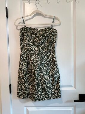 Strapless Mini Dress in Dark Green with Cream Floral Print Kirious LA size M